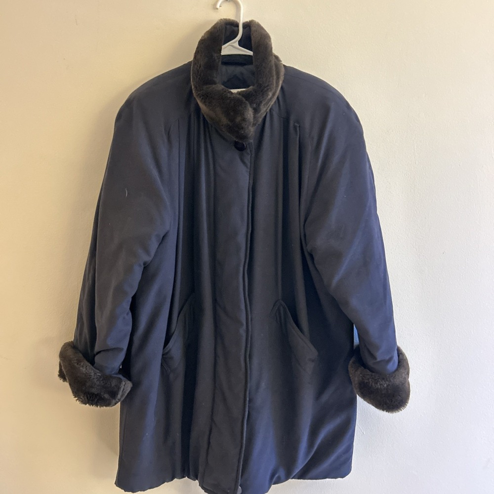 Vtg Jones New York Jacket Winter Jacket Blue Zip Faux Fur Trim Small Retro